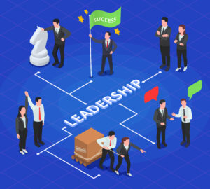 Isometric illustration depicting communication as leadership, with business professionals collaborating and celebrating success, emphasizing impactful