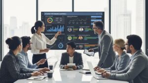 Team reviewing speaker performance metrics in a meeting room