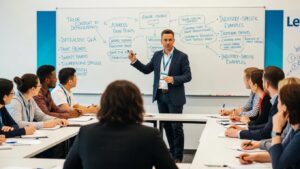 Keynote speaker customizing their presentation for a diverse corporate audience in an interactive workshop