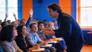 Speaker engaging an attentive audience during a dynamic presentation