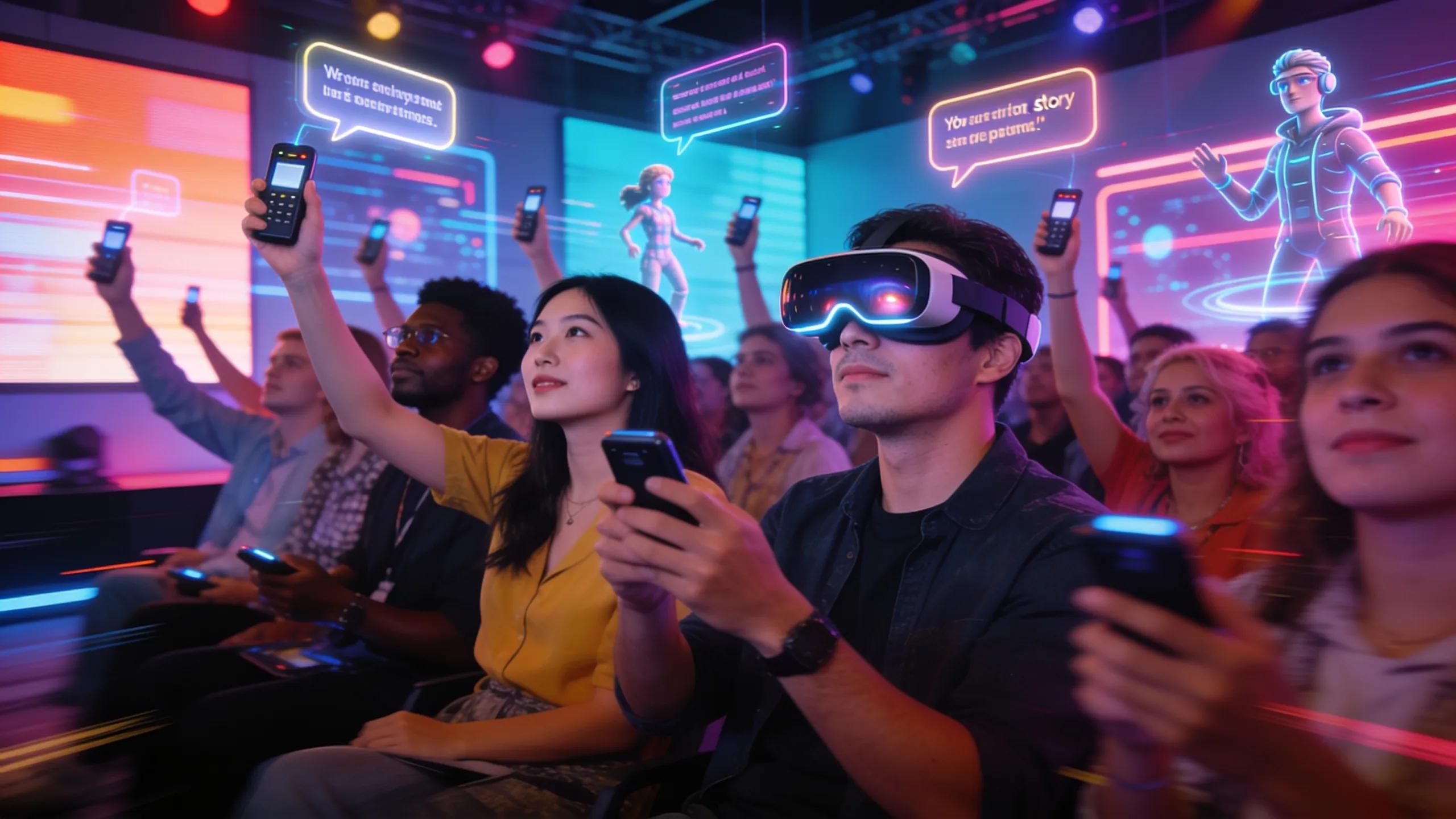Audience engaging with interactive event technology and immersive storytelling, VR headsets and smartphones in hands.