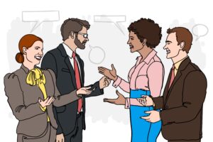 Illustration depicting a diverse group of professionals engaged in lively conversation, symbolizing effective communication as