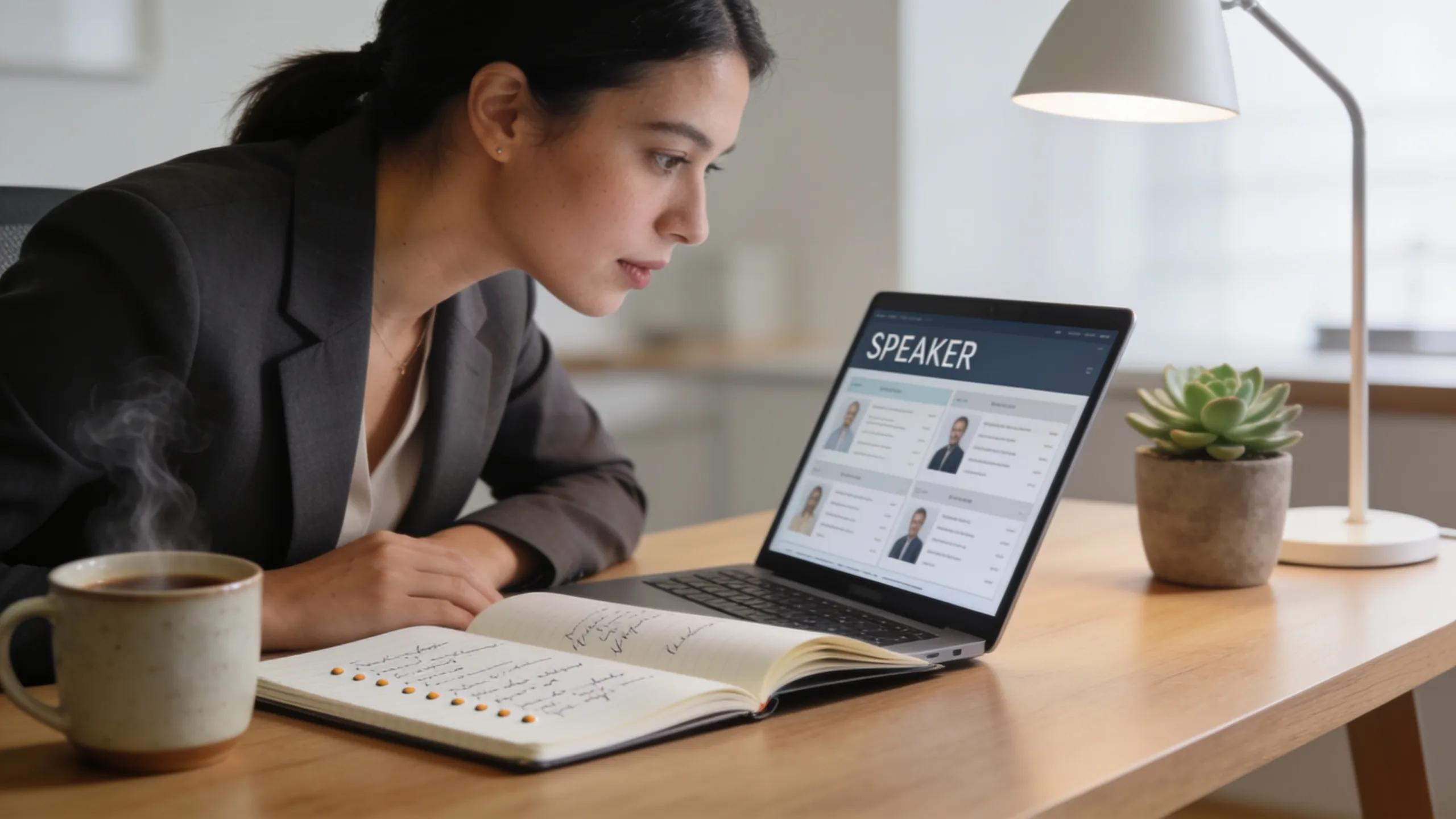 Event planner reviewing speaker profiles and vetting notes in a modern office