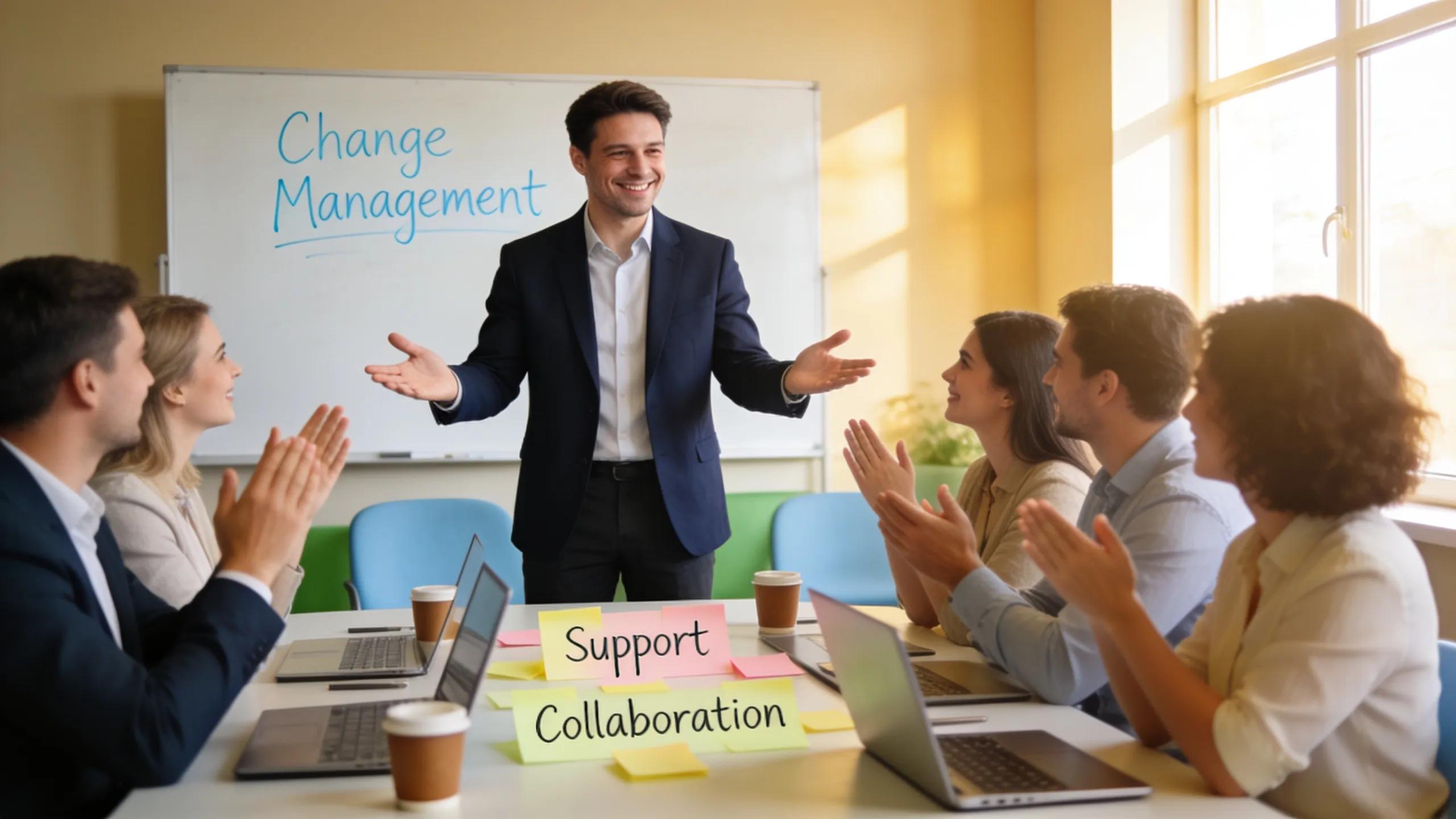 Team leader facilitating a change-management session with colleagues in a conference room