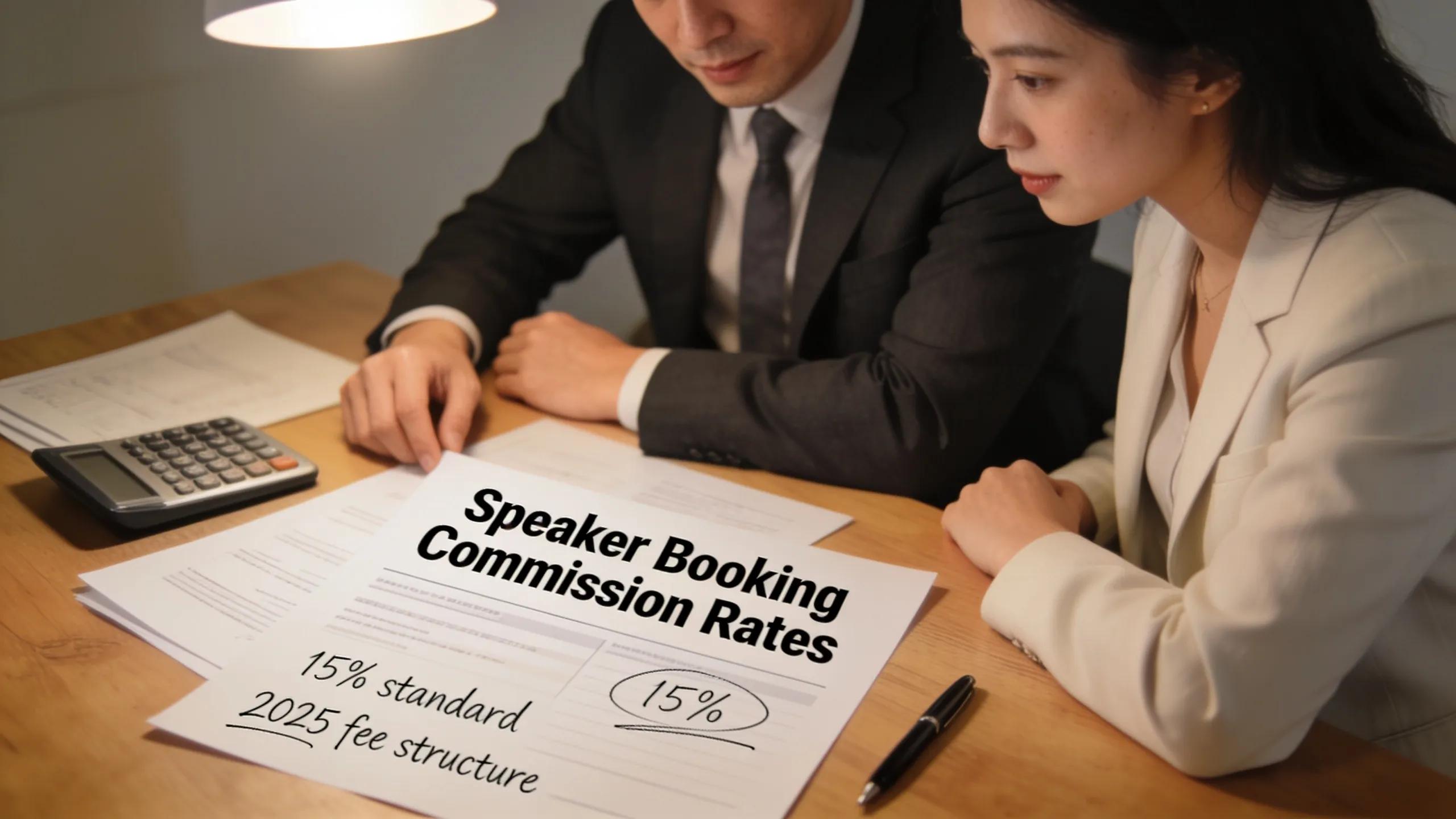 Business professionals engaged in a negotiation discussion about speaker commission rates in a corporate environment