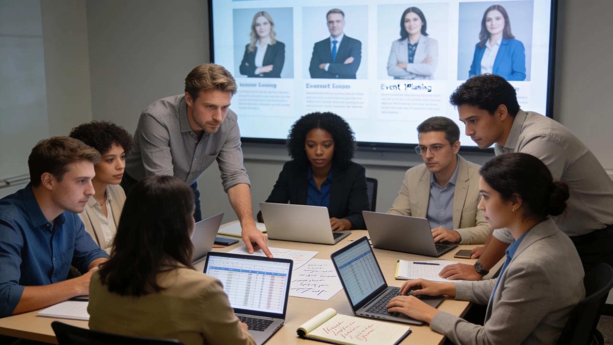 Event planners collaboratively evaluating keynote speakers for a corporate event