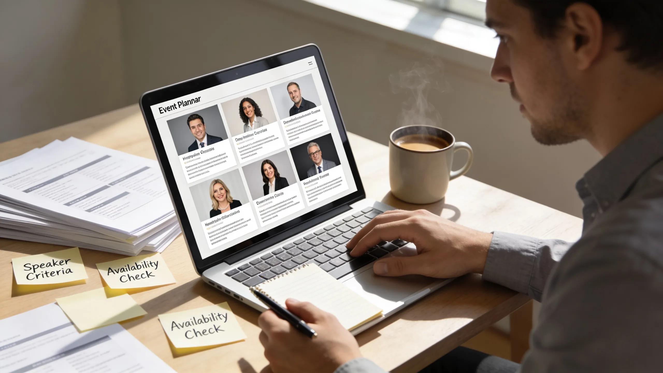 Event planner analyzing leadership speakers for corporate events, emphasizing speaker selection criteria