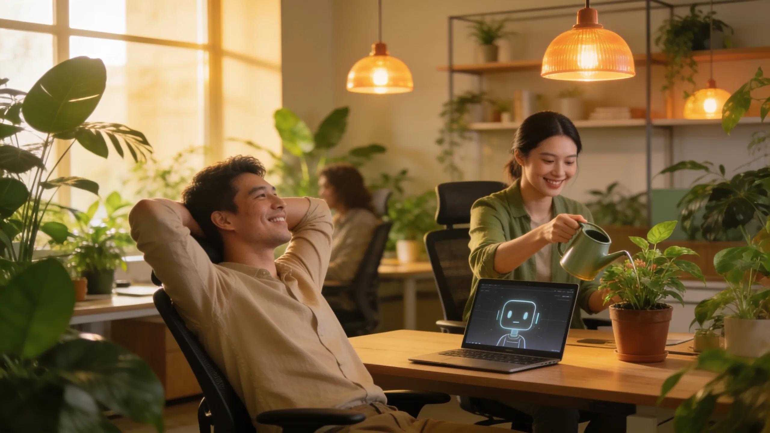 Employees in a calm setting reflecting improved wellbeing after AI interventions