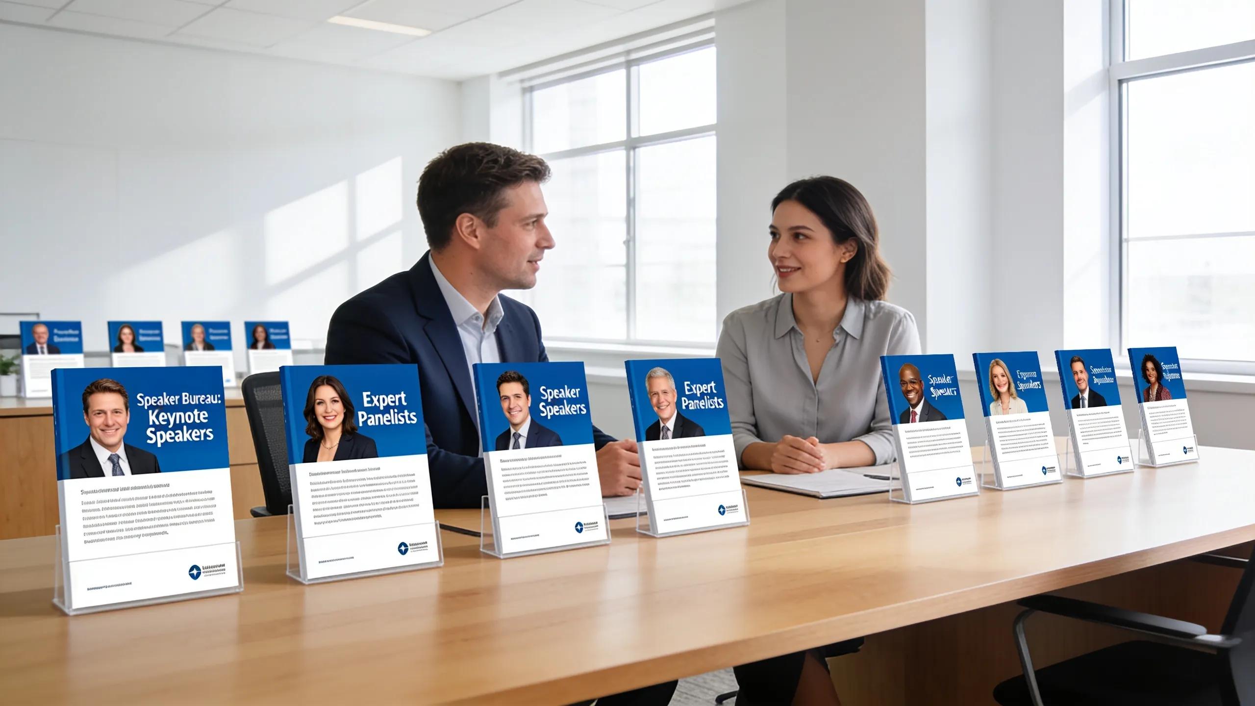 Consultant reviewing speaker options with a conference planner in an office