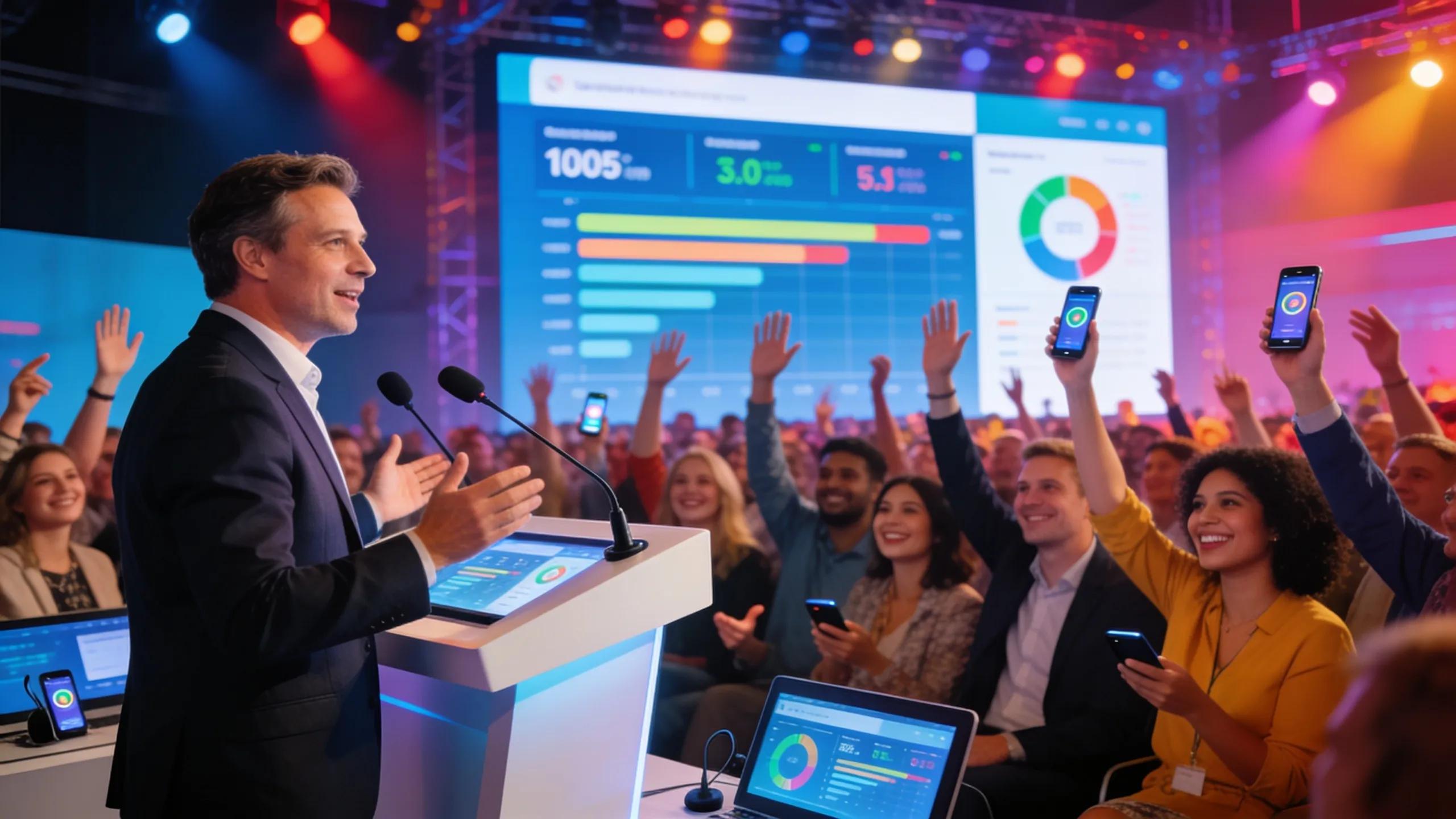 Audience participating interactively during a keynote speech, showcasing engagement techniques
