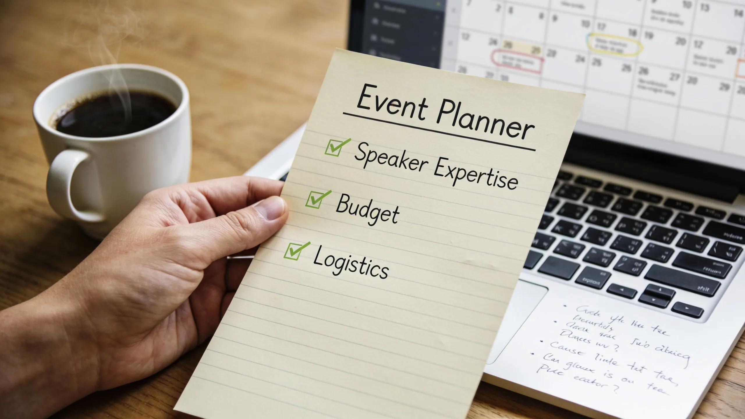 Checklist outlining speaker expertise, fees, and logistics for event planners