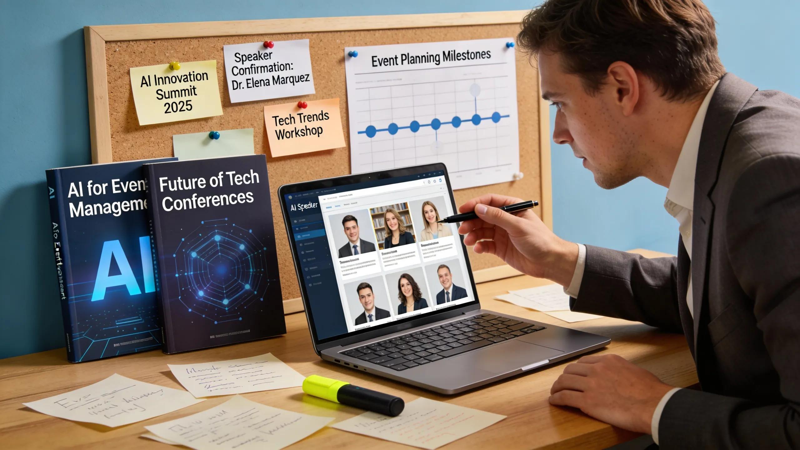 Event planner evaluating AI speaker profiles while planning an event