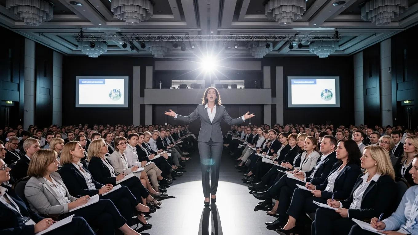Woman keynote speaker delivering an engaging presentation to an attentive audience