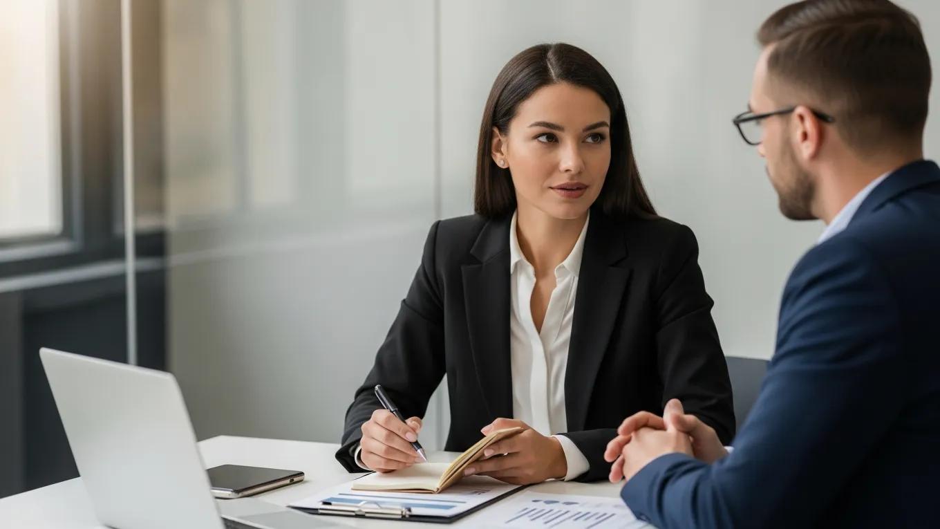 Woman negotiating with a speaker agent in a professional setting