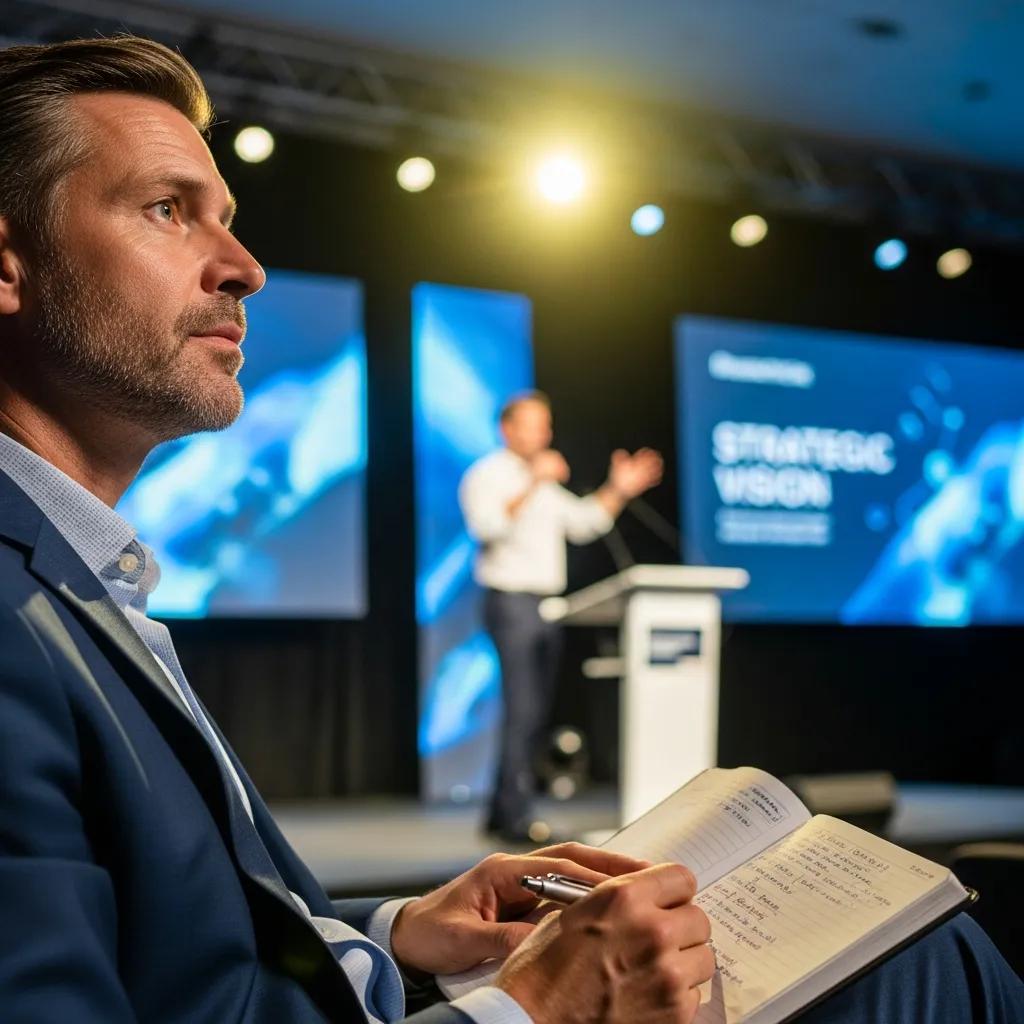 Audience member engaged during a business strategy keynote