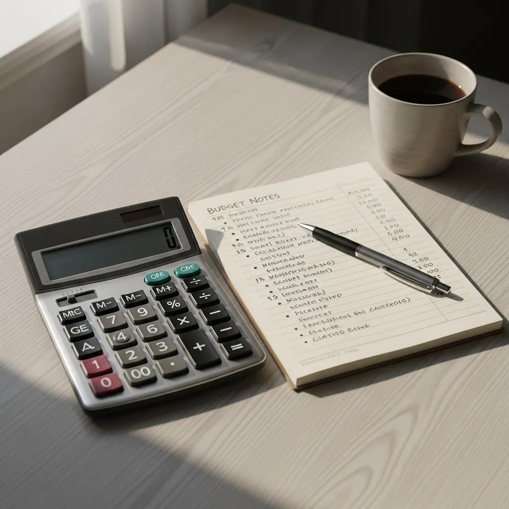 Calculator and notepad on a table representing budgeting for event planning