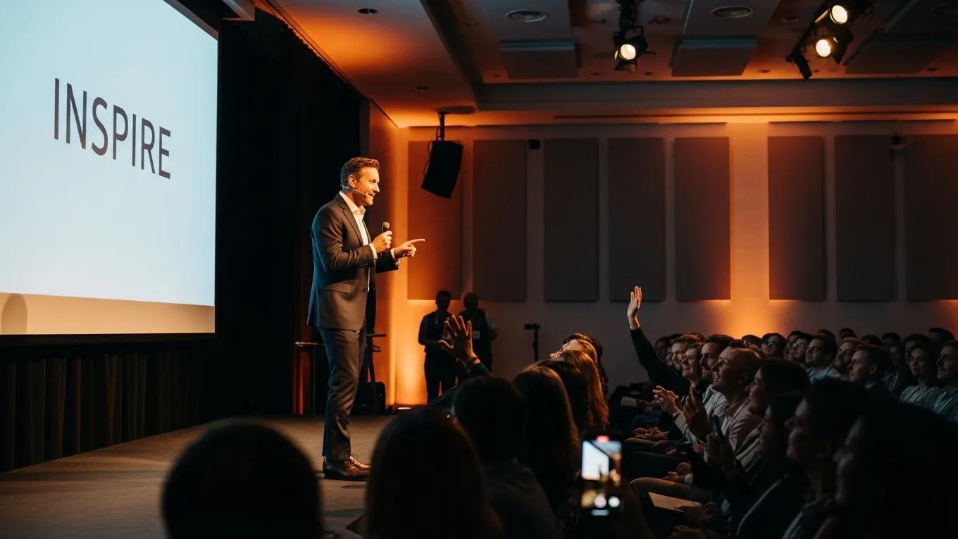 Charismatic presenter engaging an audience during a wellness session, demonstrating effective speaker qualities