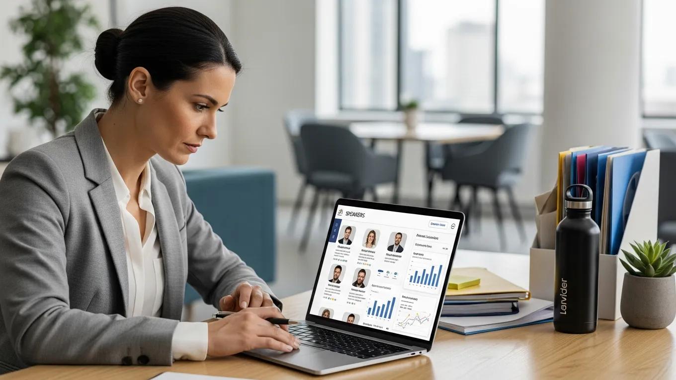 Event planner reviewing keynote speaker options on a laptop in a modern office