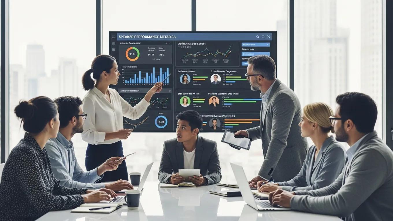 Team reviewing speaker performance metrics in a meeting room