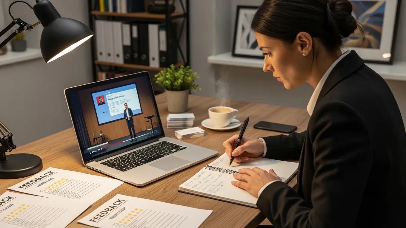 Event planner evaluating a keynote speaker's performance using a laptop and notes