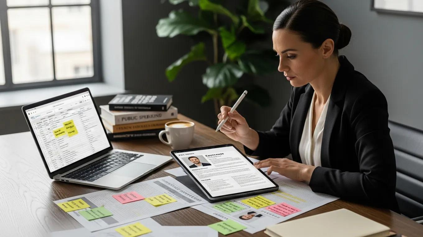 Event planner reviewing speaker profiles — assessing storytelling and engagement skills