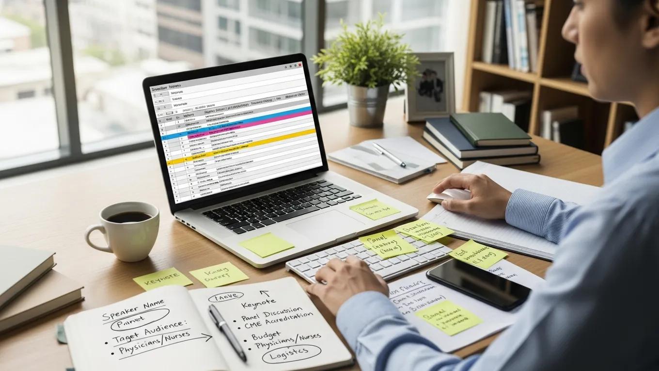 Event planner reviewing options for booking healthcare speakers at a workspace