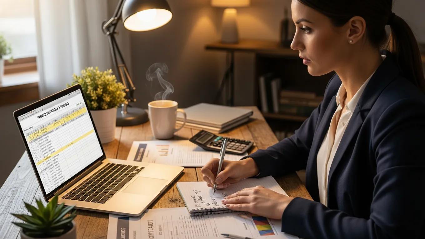 Event planner reviewing speaker proposals and budgets at a desk