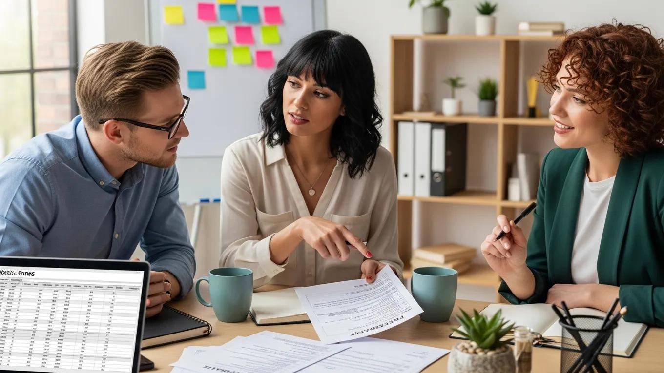 Event planners analyzing feedback and discussing client retention strategies in a collaborative workspace