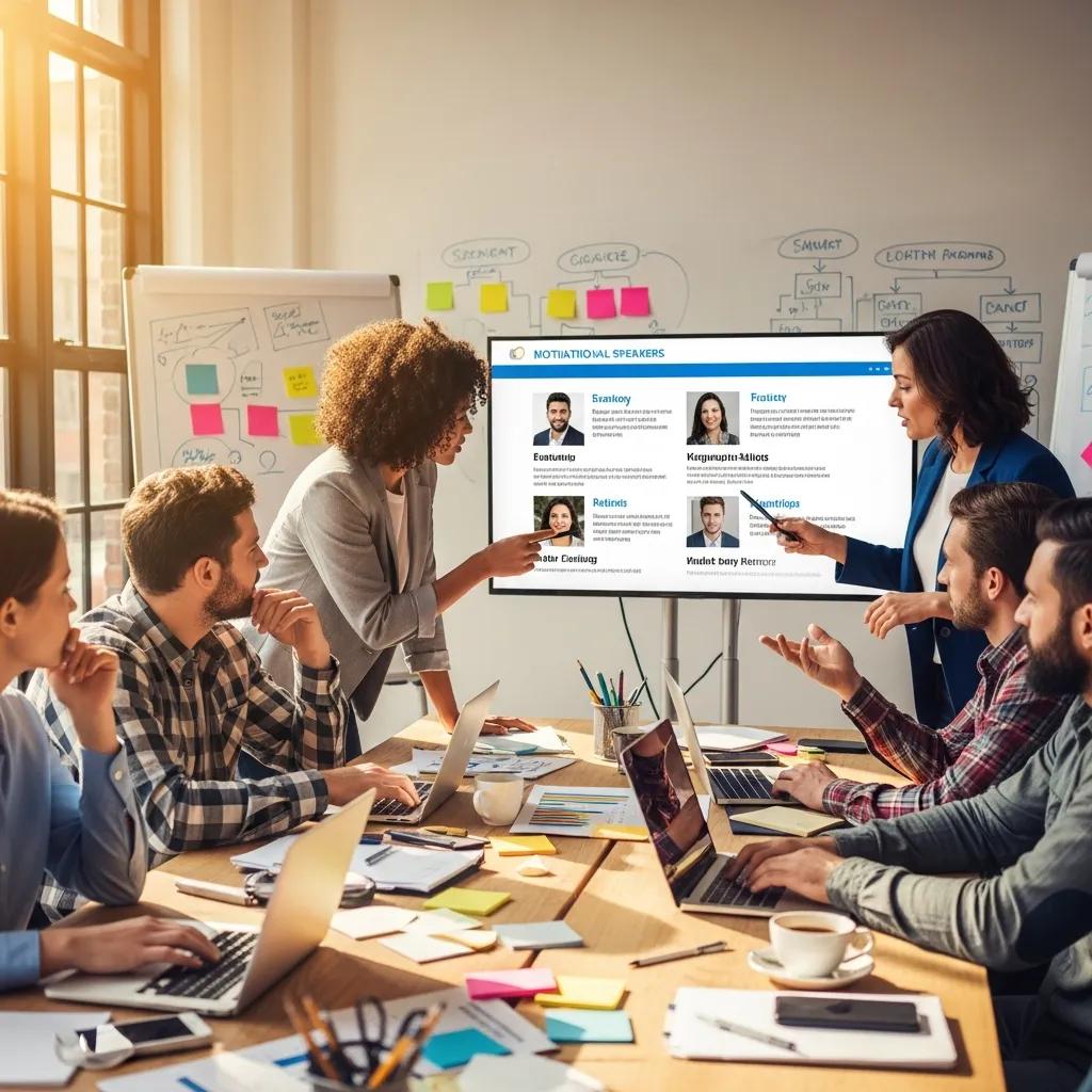 Event planners collaborating on selecting the right motivational speaker for an event