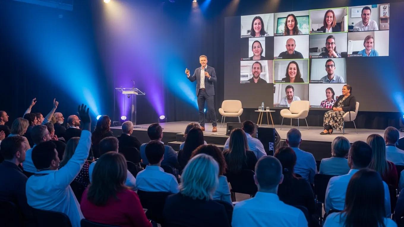 Hybrid event setup with a speaker engaging both in-person and virtual audiences, showcasing interaction and technology