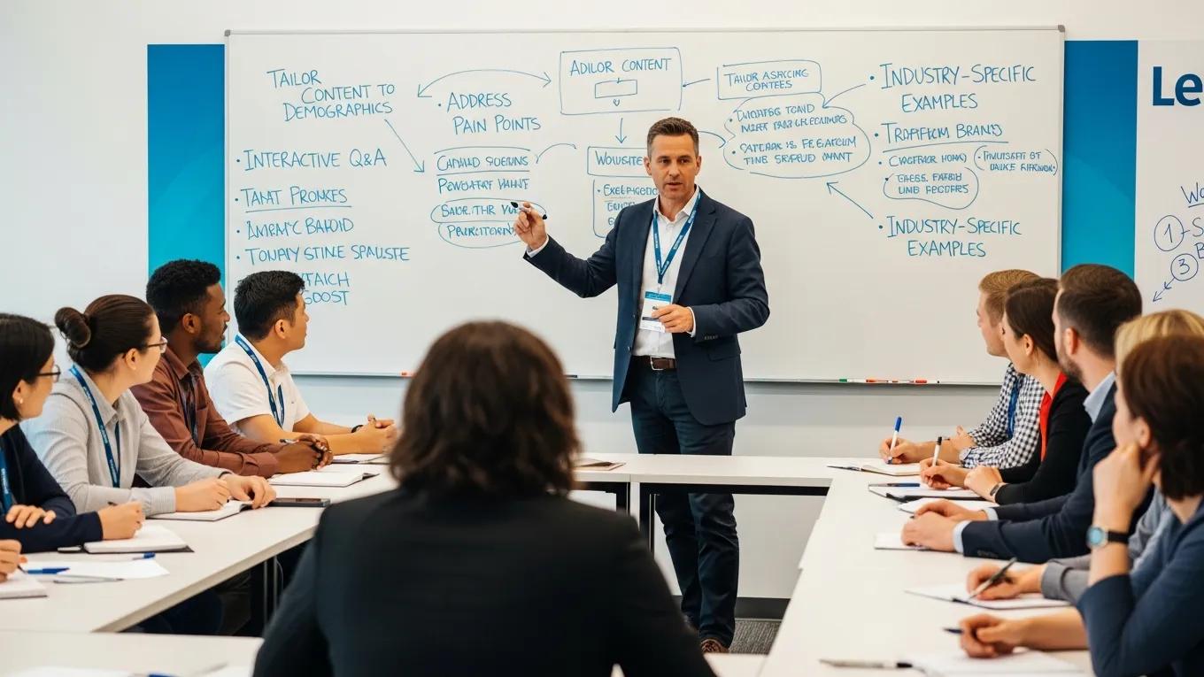 Keynote speaker customizing their presentation for a diverse corporate audience in an interactive workshop