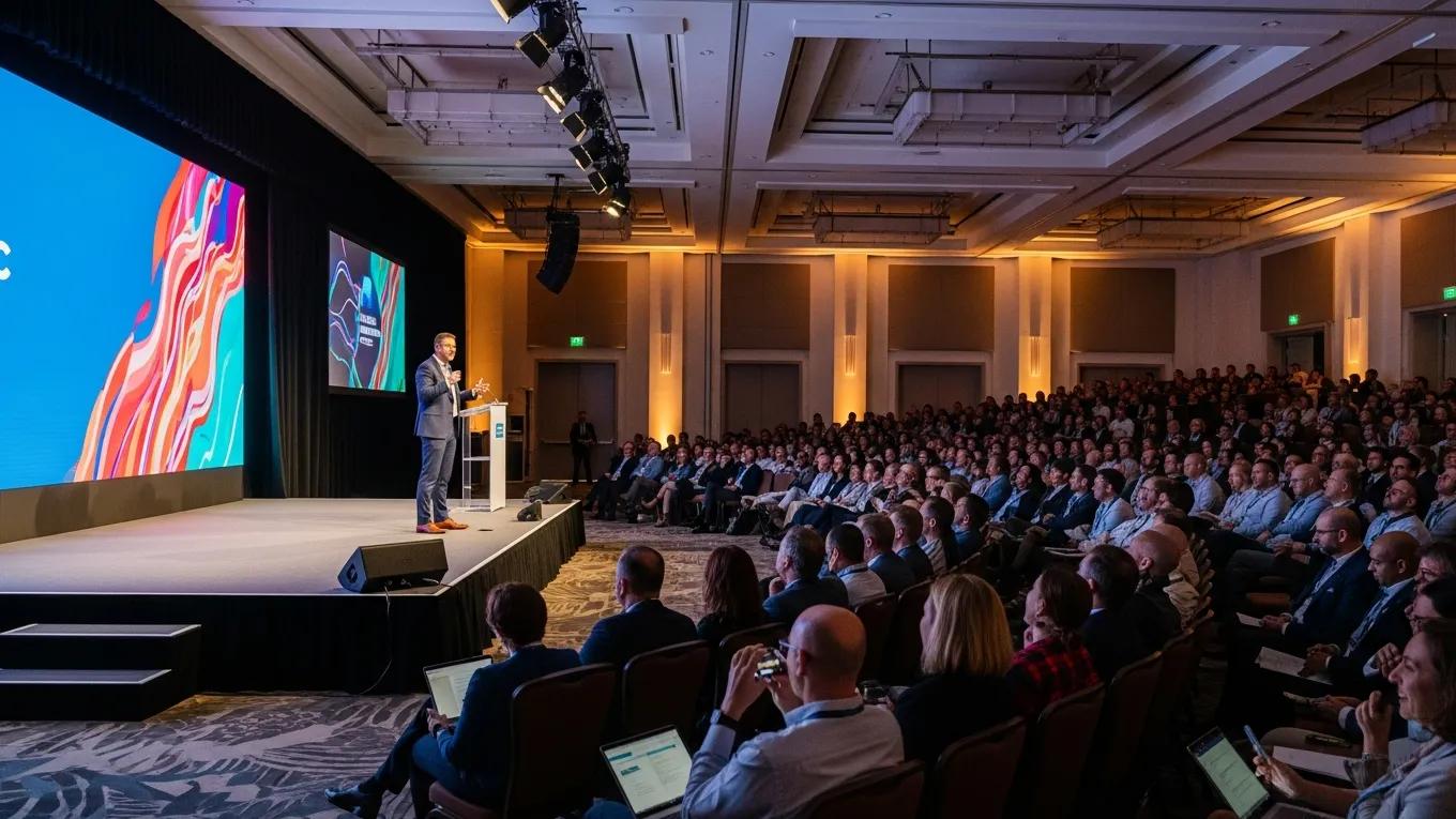 Keynote speaker engaging an audience in a lively conference environment