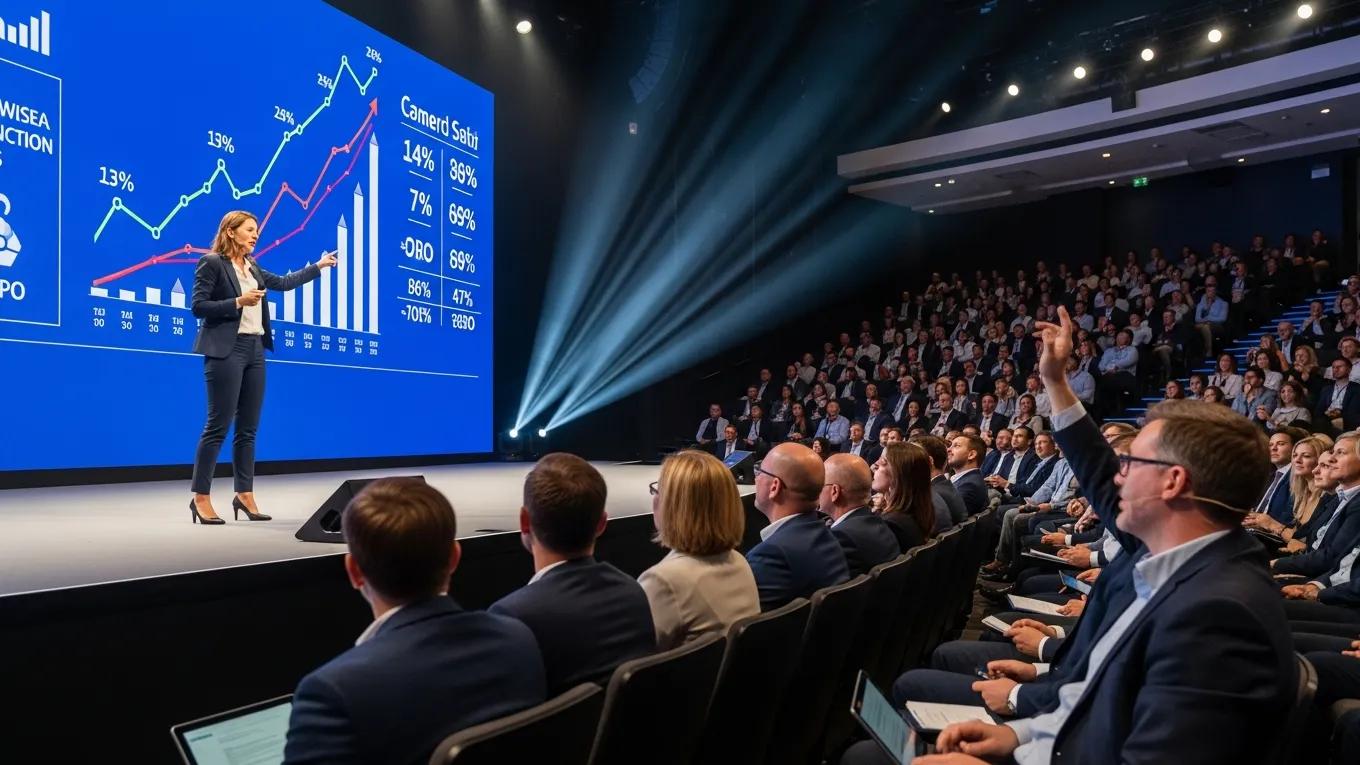 Keynote presenter using multimedia and audience interaction during a financial services session
