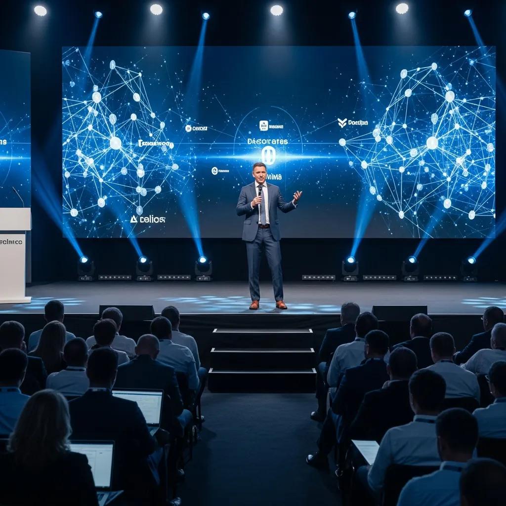 Keynote speaker presenting at a corporate event, engaging the audience with insights on innovation and technology