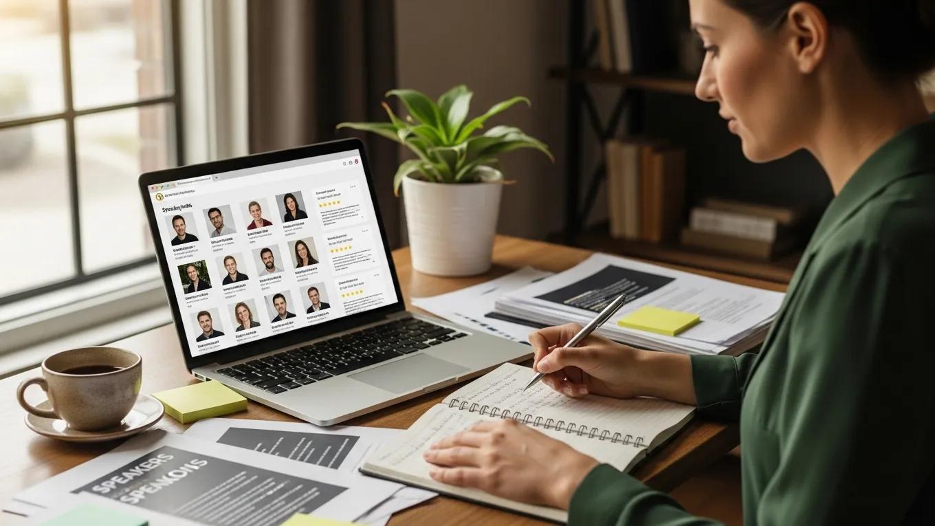 Meeting planner evaluating keynote speaker profiles and testimonials