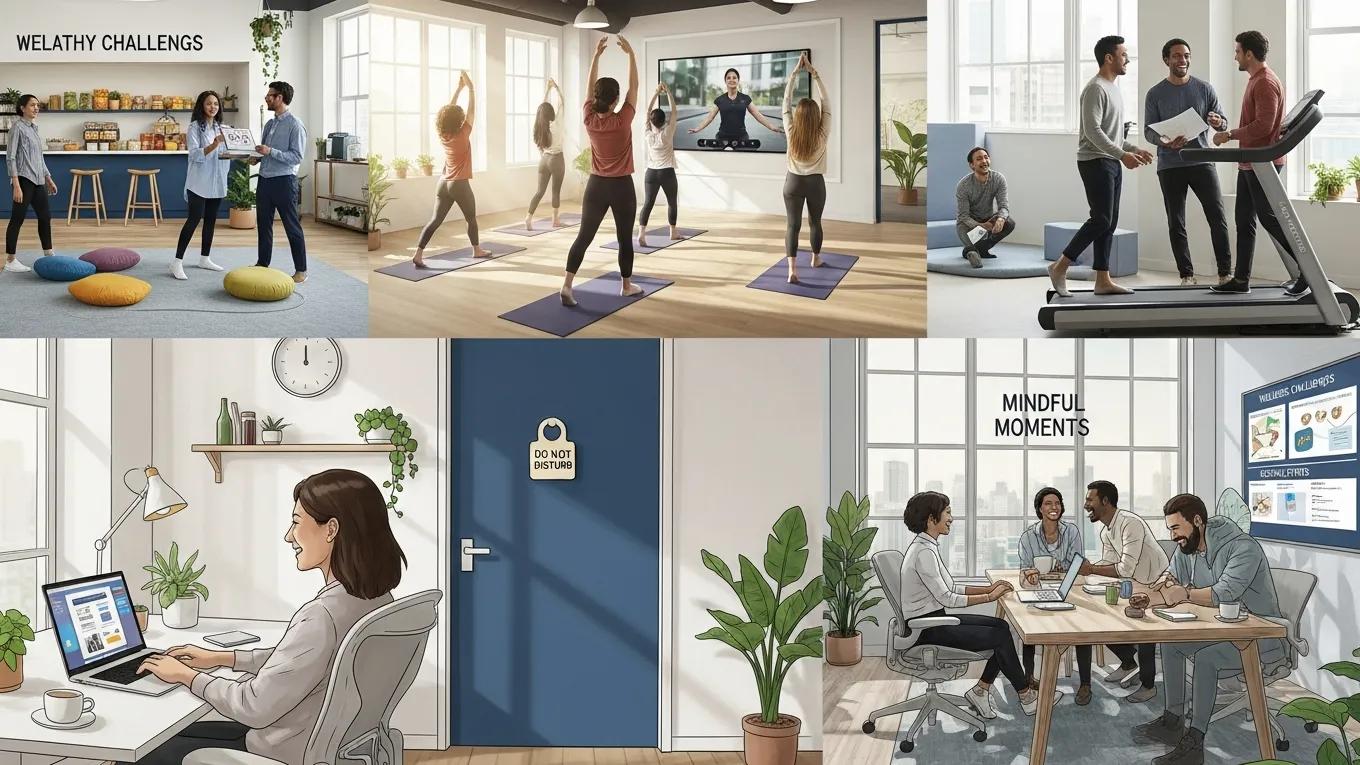 Illustration of modern workplace wellbeing trends for 2026, showing remote work and employee engagement initiatives