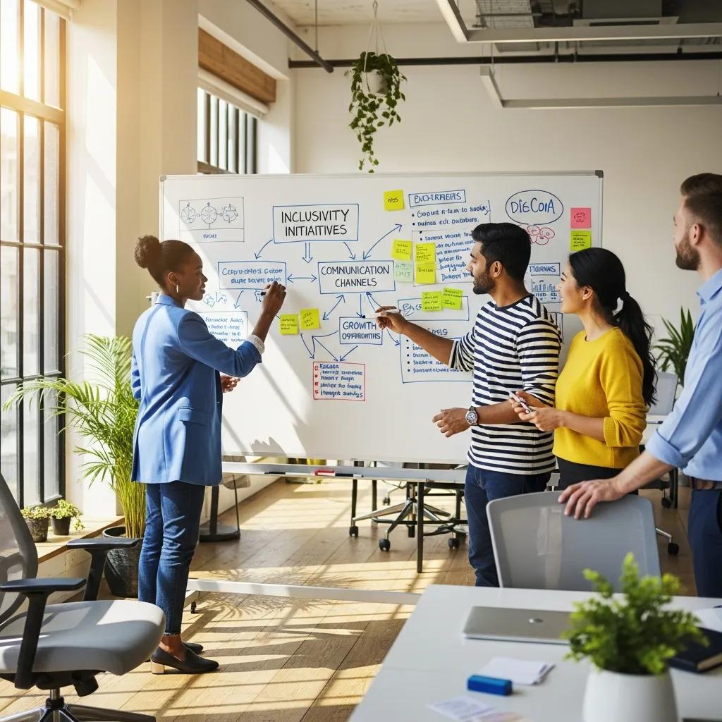 Team members collaborating in a modern office to implement effective workplace culture strategies