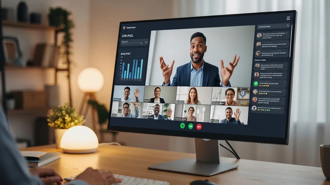 Virtual event scene with a speaker engaging an online audience through video call and interactive tools