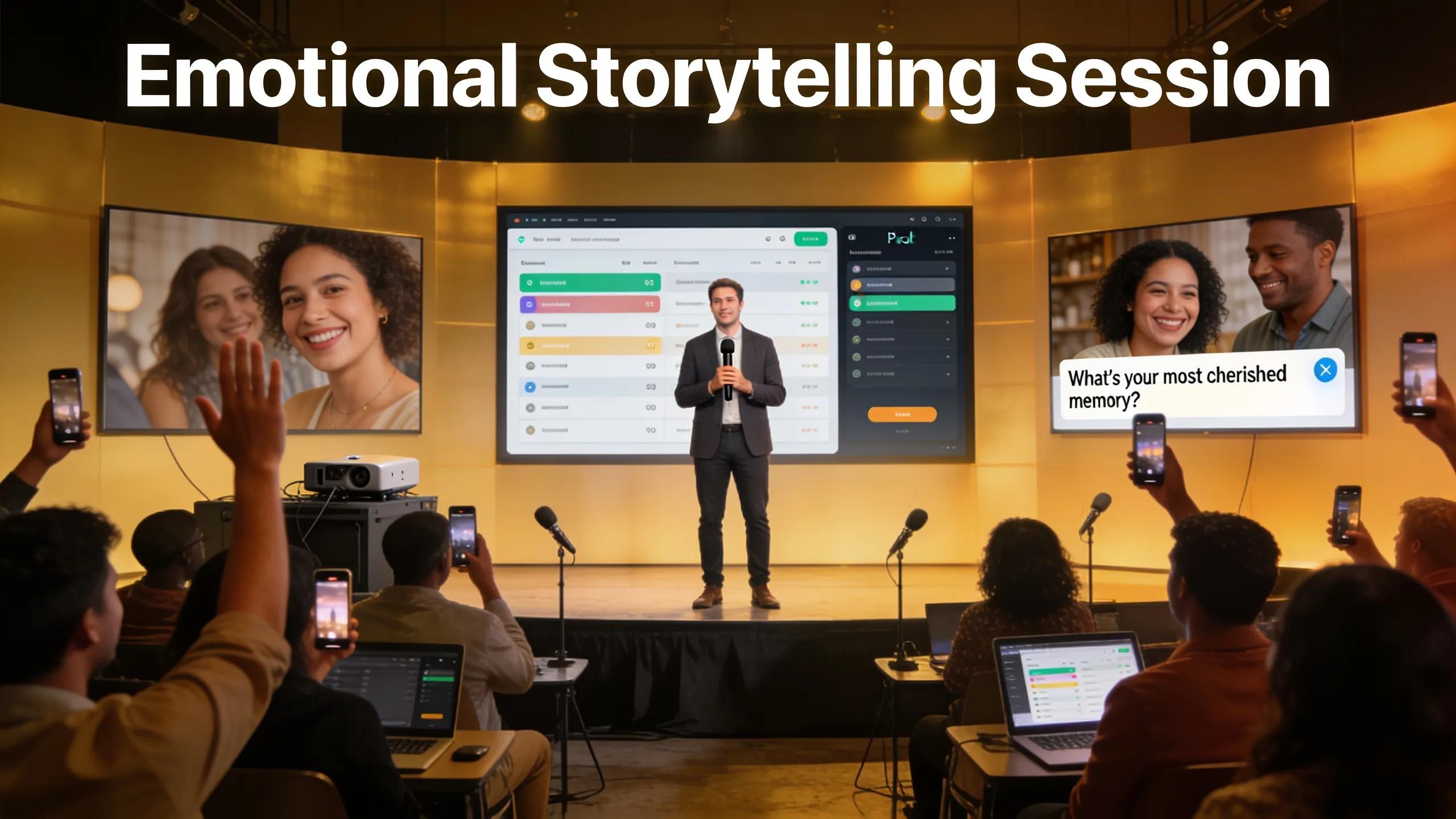 Emotional storytelling session featuring a speaker engaging with the audience through multimedia and interactive elements