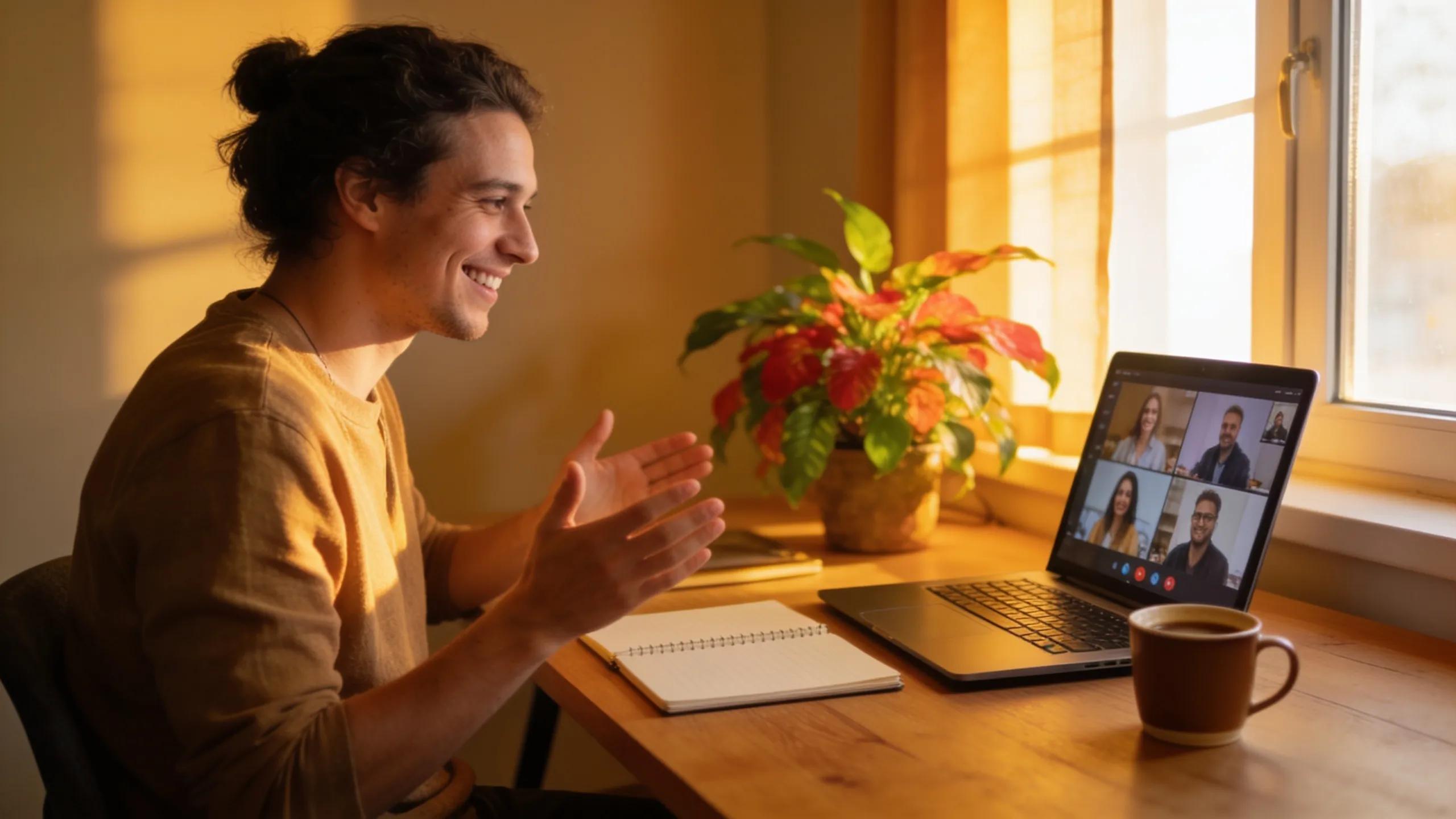 Remote employee engaged in a video call with team members, reflecting effective communication and collaboration in hybrid work environments.