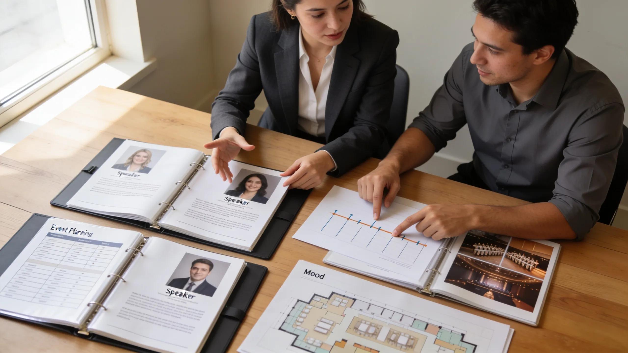 Event planners reviewing speaker profiles and event planning materials, illustrating curated speaker sourcing.