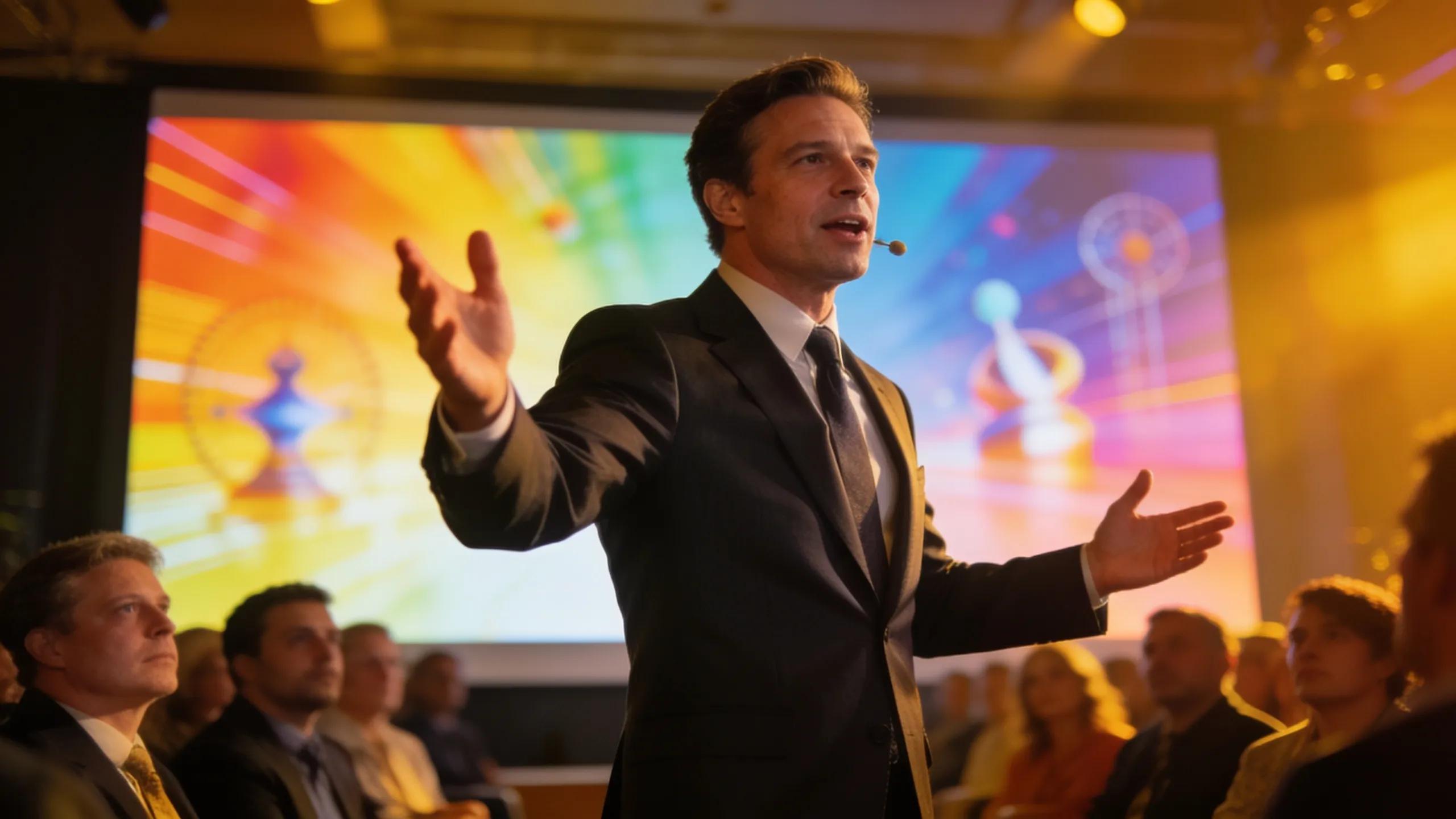 Business leader inspiring an audience at a conference, highlighting the importance of leadership trends for future success.