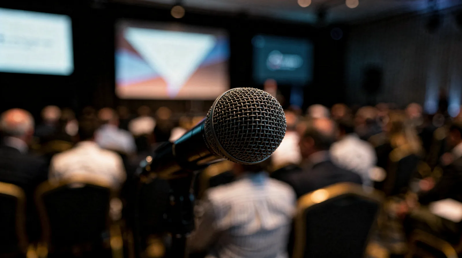 Microphone on stage at conference event, audience in background discussing AI and leadership.