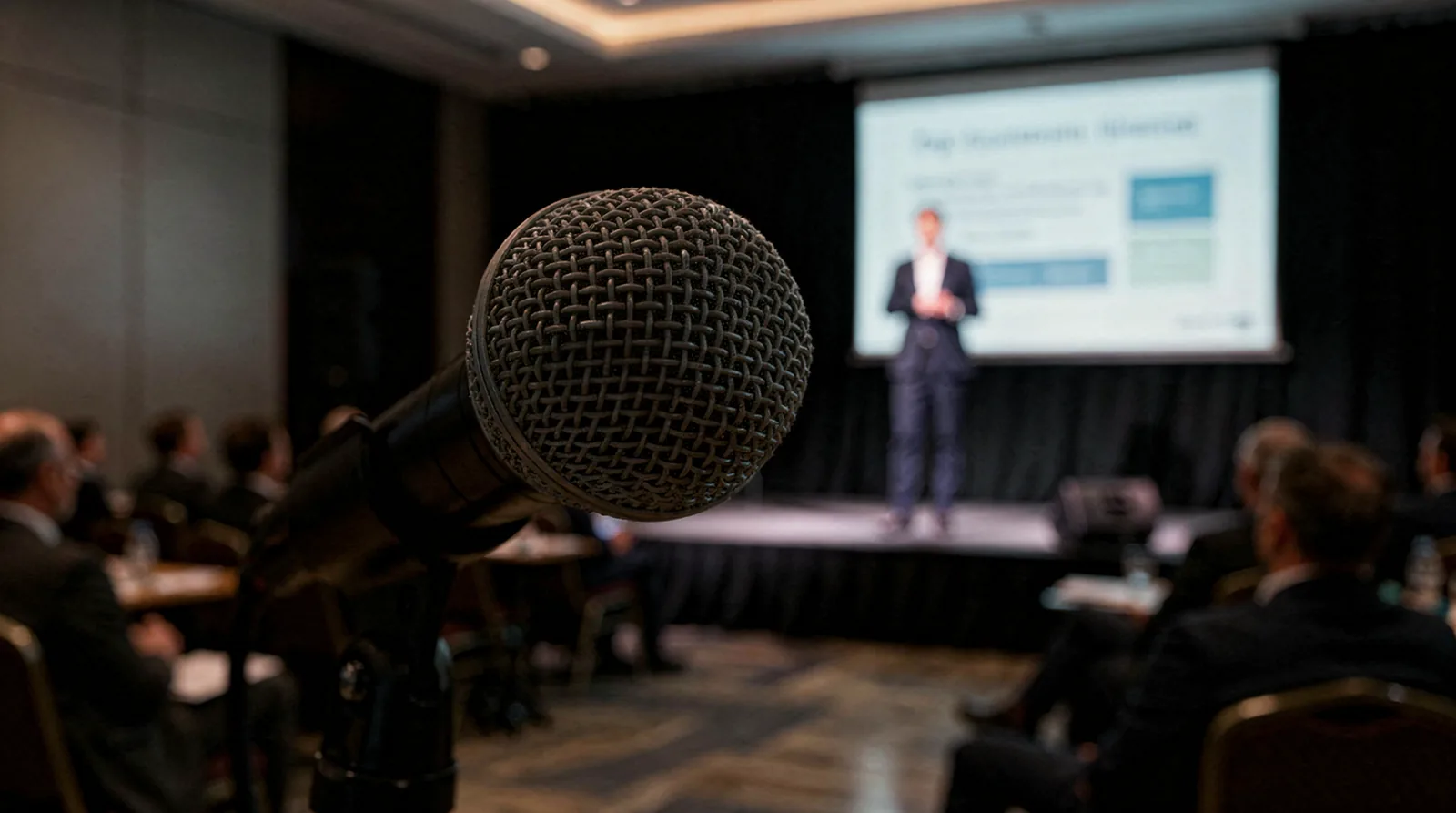 Microphone on stage with speaker addressing audience about leadership skills and AI.
