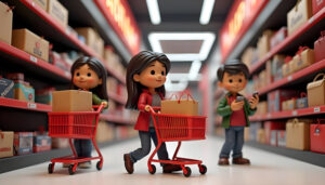 Illustration depicting customer loyalty with a family shopping, symbolizing the importance of "love your customers"