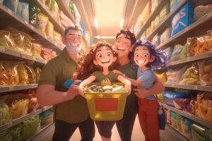 Happy family shopping for groceries in a brightly lit store, symbolizing a focus on customer