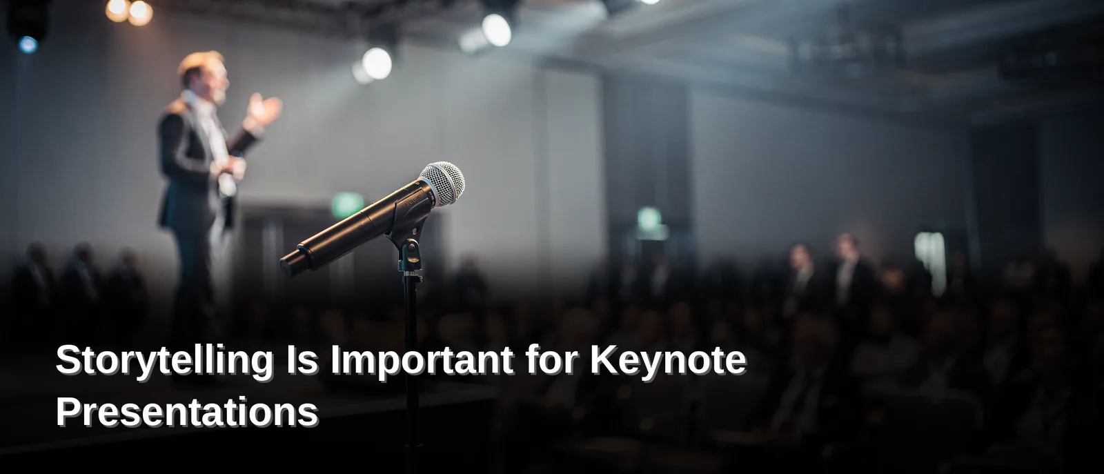 Keynote speaker addressing an audience, highlighting the importance of storytelling for impactful presentations, as sourced