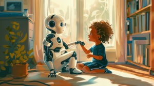 Child interacting with a robot illustrating human connection in the age of AI.