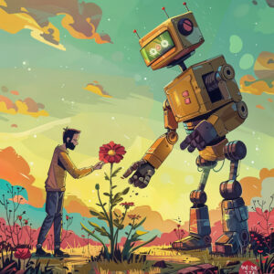 Illustration of a human and a robot interacting near a flower representing human connection