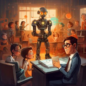 Robot and human professionals interacting in a modern workplace illustrating the human side of AI.